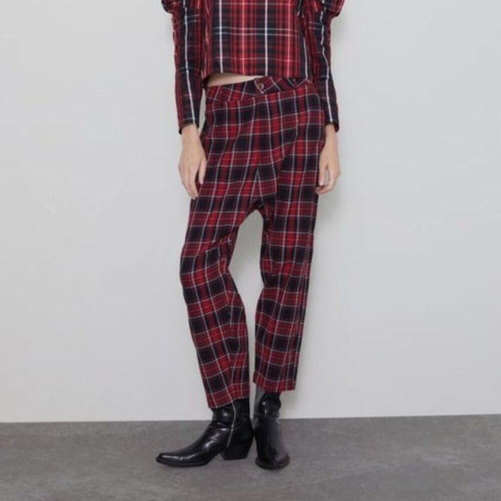Zara Baggy Plaid Pants Madras Drop Crotch Harem Trousers